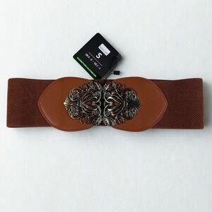 Vintage Style Elastic‎ Cincher Waist Belt Ornate Gold Buckle Brown Womens S Boho